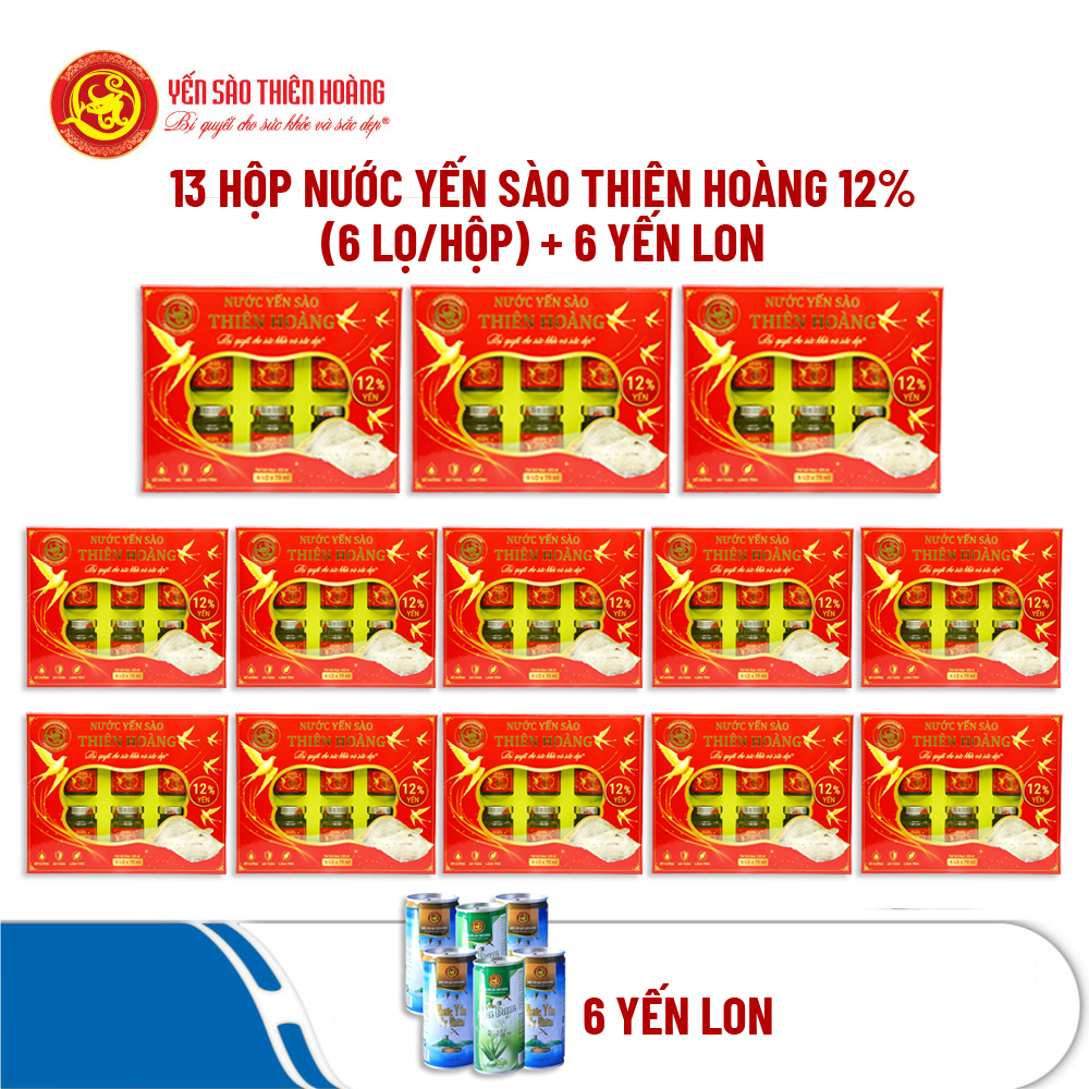 Combo 13 Hộp Nước Yến Sào Thiên Hoàng 12% Yến Tự Nhiên (6 lọ/hộp) + 6 Lon Nước Yến Combo 13 Hộp Nước Yến Sào Thiên Hoàng 12% Yến Tự Nhiên (6 lọ/hộp) + 6 Lon Nước Yến