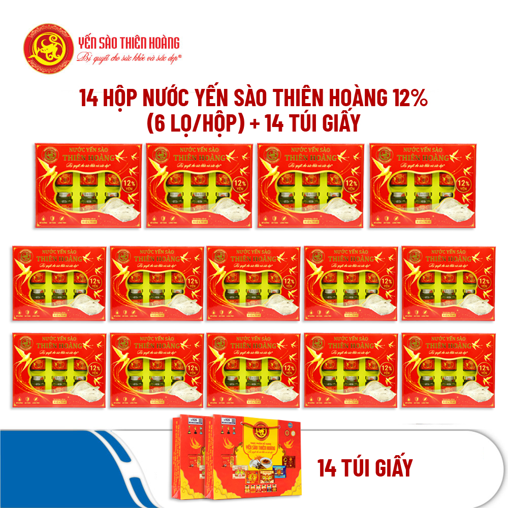 Combo 14 Hộp Nước Yến Sào Thiên Hoàng 12% Yến Tự Nhiên (6 lọ/hộp) + 14 Túi Giấy