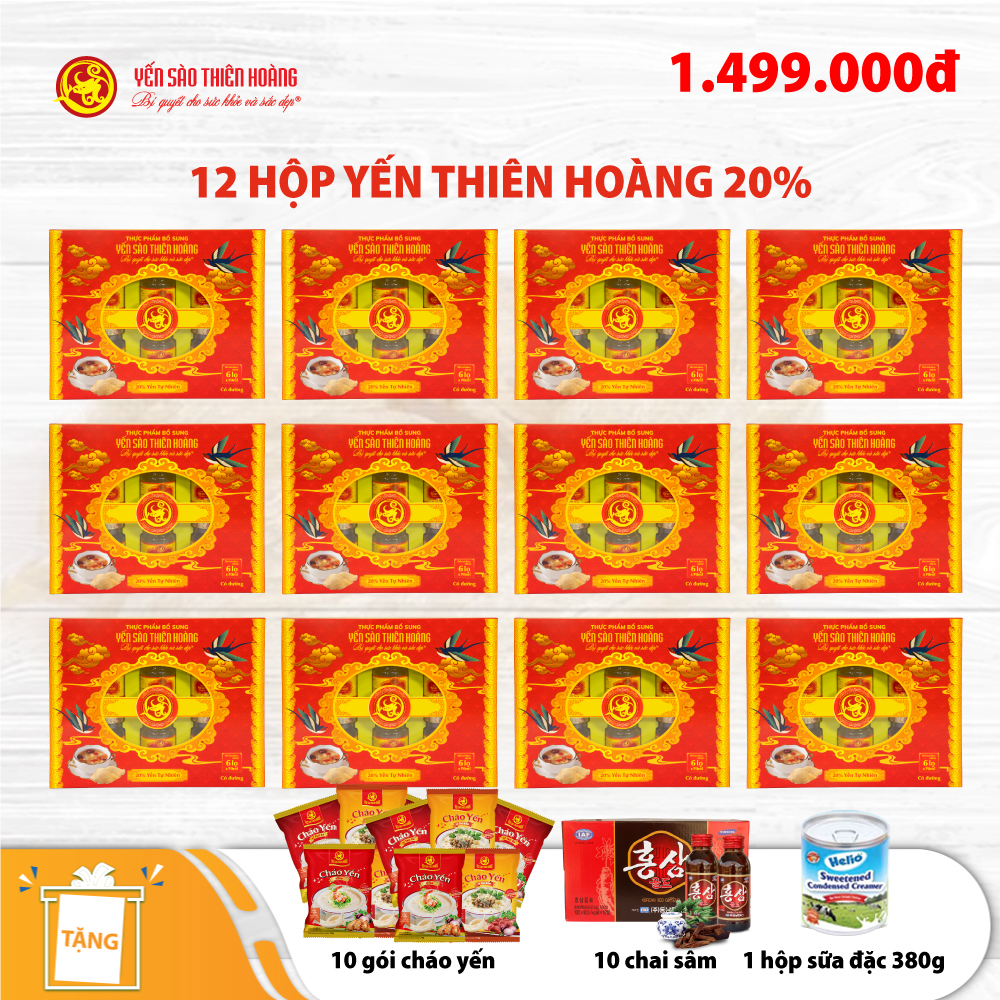 12 Hộp yến sào Thiên Hoàng 20% Hương tự nhiên (6 lọ/hộp) - Tặng 10 gói cháo yến Thiên Hoàng + 10 chai sâm Hàn Quốc + 1 hộp sữa đặc 380g 12 Hộp yến sào Thiên Hoàng 20% Hương tự nhiên (6 lọ/hộp) - Tặng 10 gói cháo yến Thiên Hoàng + 10 chai sâm Hàn Quốc + 1 hộp sữa đặc 380g