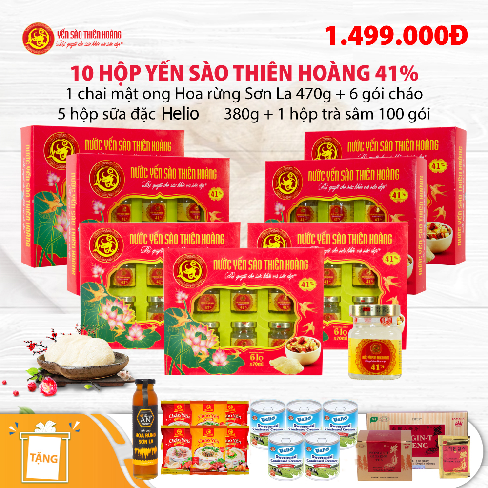 10 Hộp yến sào Thiên Hoàng 41% (6 lọ/hộp) - Tặng 1 chai mật ong hoa rừng Sơn La 470g + 5 hộp sữa đặc Helio 380g + 6 gói cháo yến + 1 hộp trà sâm 100 gói 10 Hộp yến sào Thiên Hoàng 41% (6 lọ/hộp) - Tặng 1 chai mật ong hoa rừng Sơn La 470g + 5 hộp sữa đặc Helio 380g + 6 gói cháo yến + 1 hộp trà sâm 100 gói