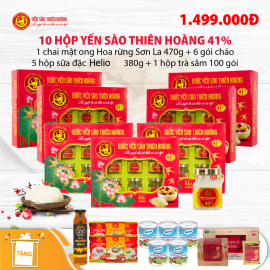 10 Hộp yến sào Thiên Hoàng 41% (6 lọ/hộp) - Tặng 1 chai mật ong hoa rừng Sơn La 470g + 5 hộp sữa đặc Helio 380g + 6 gói cháo yến + 1 hộp trà sâm 100 gói 10 Hộp yến sào Thiên Hoàng 41% (6 lọ/hộp) - Tặng 1 chai mật ong hoa rừng Sơn La 470g + 5 hộp sữa đặc Helio 380g + 6 gói cháo yến + 1 hộp trà sâm 100 gói