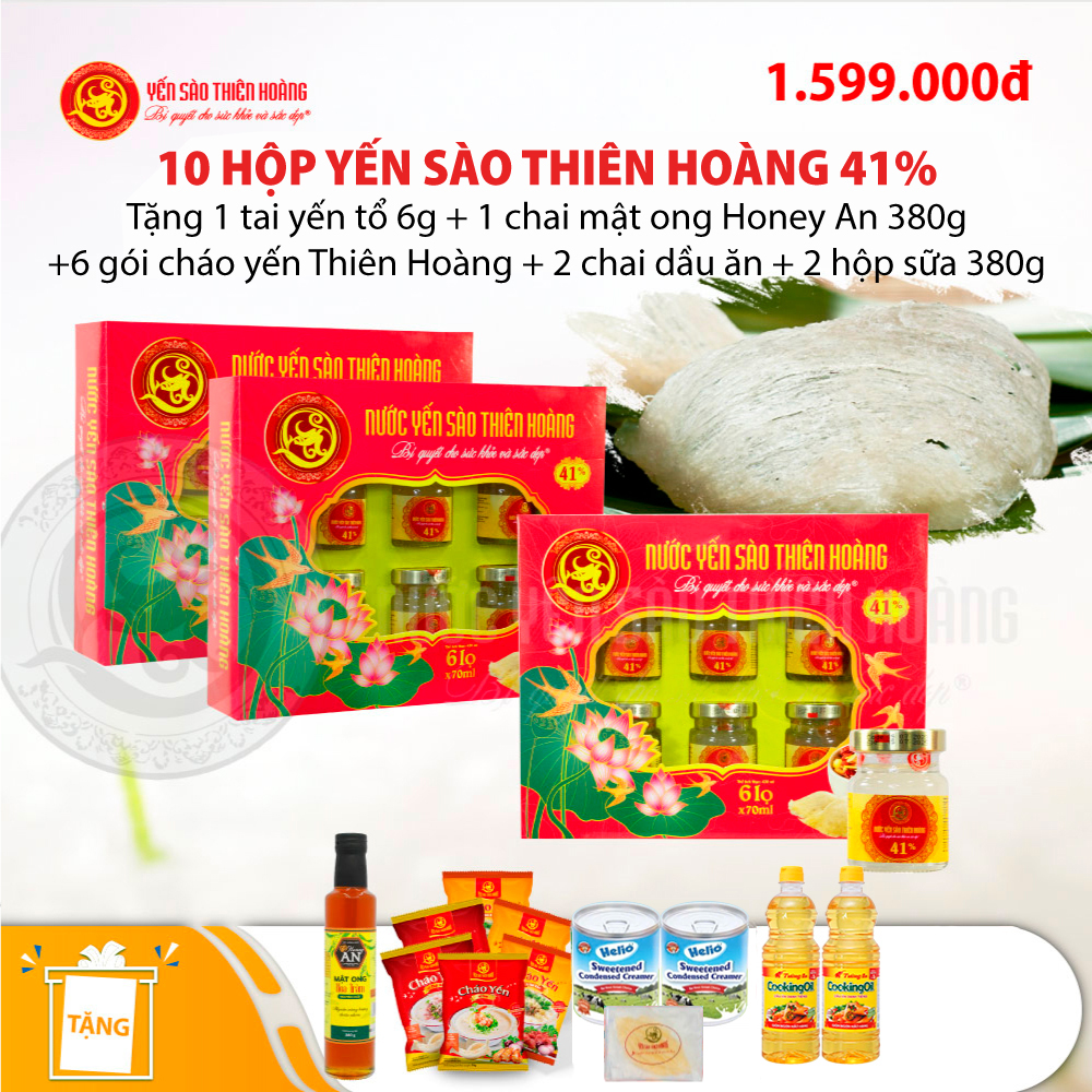 10 Hộp yến sào Thiên Hoàng 41% (6 lọ/hộp) - Tặng 1 tai yến tổ 6g + 1 chai mật ong Honey An 380g + 6 gói cháo yến Thiên Hoàng + 2 chai dầu ăn + 2 hộp sữa đặc pha chế Helio Hộp 380g