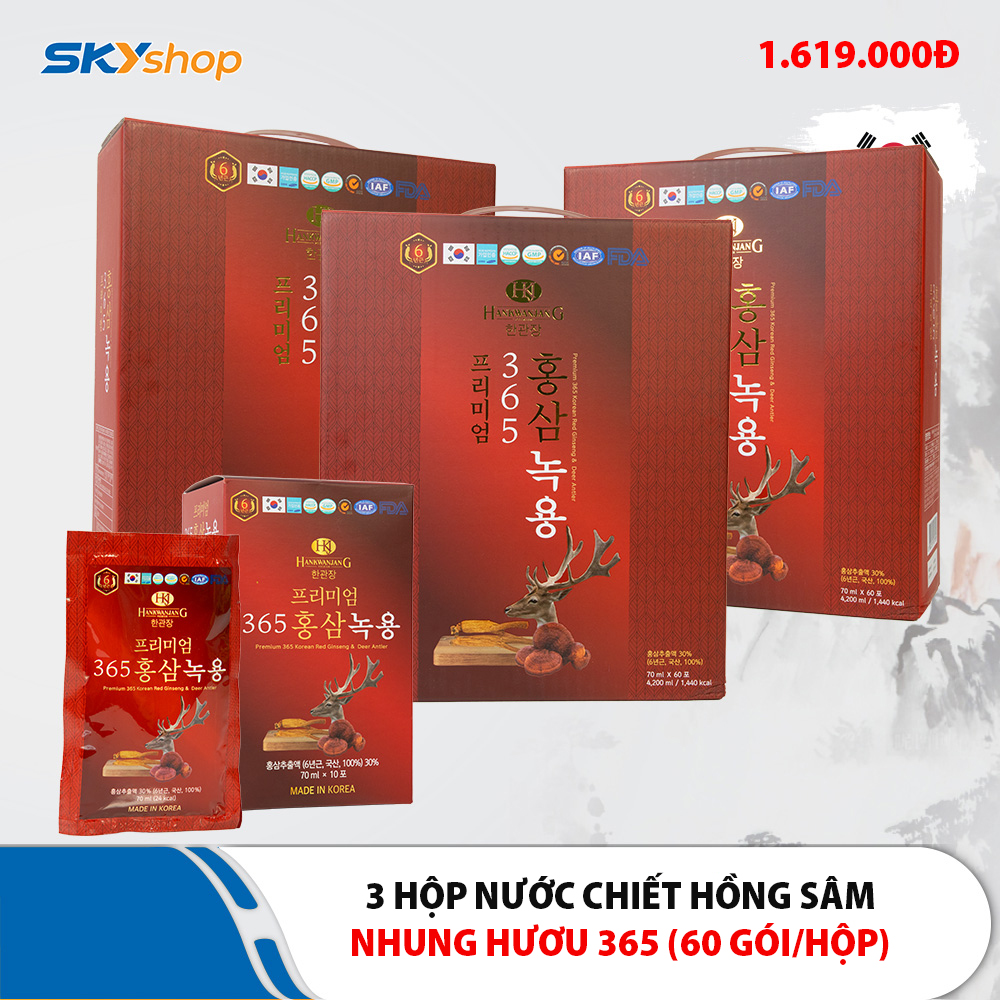 3 Hộp Nước chiết hồng sâm nhung hươu linh chi 365 Hansusam - Hộp 60 Gói 70ml 3 Hộp Nước chiết hồng sâm nhung hươu linh chi 365 Hansusam - Hộp 60 Gói 70ml
