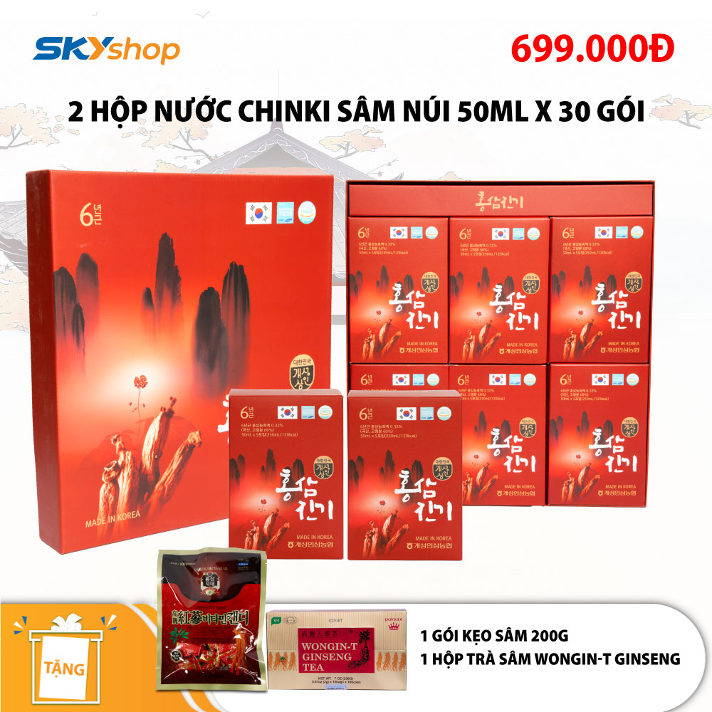 2 hộp nước sâm núi Chinki (30 gói/hộp - 50ml) - Tặng 1 gói kẹo sâm Hàn Quốc 200g + 1 hộp trà sâm Wongin-T Ginseng Tea 200g (100 gói x 2g)