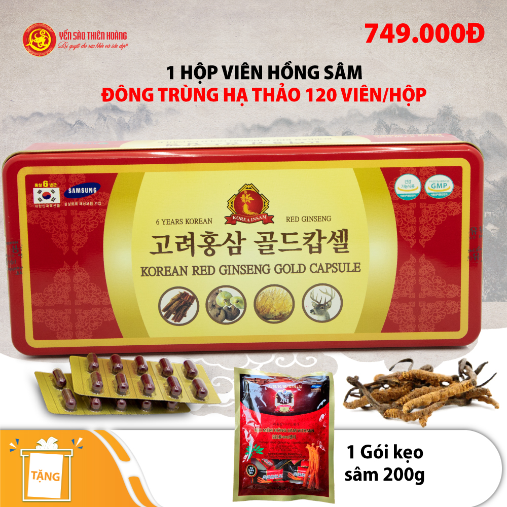1 hộp viên hồng sâm đông trùng hạ thảo 120 viên Korea Red Ginseng Gold Capsule - Tặng 1 gói kẹo sâm 200g 1 hộp viên hồng sâm đông trùng hạ thảo 120 viên Korea Red Ginseng Gold Capsule - Tặng 1 gói kẹo sâm 200g
