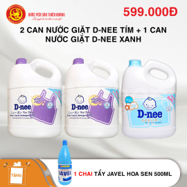 Bộ 2 bình nước giặt quần áo D-nee 3 lít màu tím hương lavender cho bé + 1 chai nước giặt D-nee 3 lít màu xanh dương (3 lít) - Tặng 1 chai tẩy Javel Hoa Sen 500ml