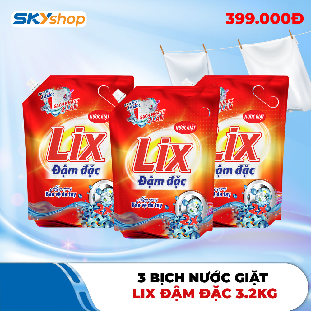 3 Bịch nước giặt Lix đậm đặc 3.2kg tăng gấp đôi sức mạnh (Giao HCM)