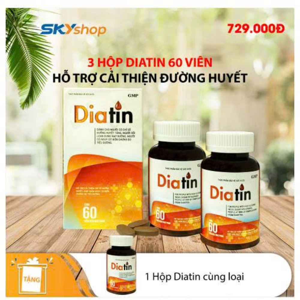 Bộ 3 hộp thực phẩm bảo vệ sức khỏe DIATIN (60 viên/hộp) - Viên uống hỗ trợ điều trị tiểu đường - Tặng 1 hộp Diatin cùng loại