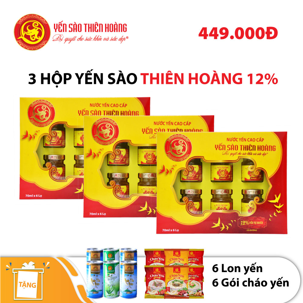 3 hộp Yến sào Thiên Hoàng 12% - Tặng 6 lon nước yến hương vị ngẫu nhiên + 06 gói cháo yến hương vị ngẫu nhiên 3 hộp Yến sào Thiên Hoàng 12% - Tặng 6 lon nước yến hương vị ngẫu nhiên + 06 gói cháo yến hương vị ngẫu nhiên