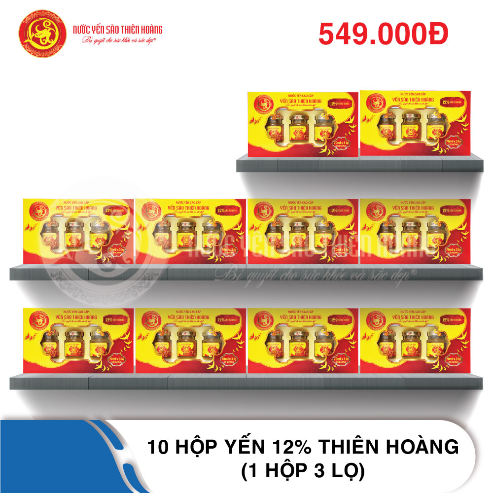 10 hộp yến sào Thiên Hoàng 12% (3 lọ/hộp) 10 hộp yến sào Thiên Hoàng 12% (3 lọ/hộp)