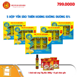 5 hộp yến sào Thiên Hoàng 15% không đường (6 lọ/hộp) - Tặng 1 chai mật ong 380g + 6 gói cháo yến Thiên Hoàng 5 hộp yến sào Thiên Hoàng 15% không đường (6 lọ/hộp) - Tặng 1 chai mật ong 380g + 6 gói cháo yến Thiên Hoàng