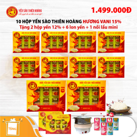 10 Hộp yến sào Thiên Hoàng 15% Hương Vani (6 lọ/hộp) - Tặng 2 hộp yến sào Thiên Hoàng 12% + 1 nồi lẩu mini 2 tầng 18cm + 6 lon yến (vị ngẫu nhiên) 10 Hộp yến sào Thiên Hoàng 15% Hương Vani (6 lọ/hộp) - Tặng 2 hộp yến sào Thiên Hoàng 12% + 1 nồi lẩu mini 2 tầng 18cm + 6 lon yến (vị ngẫu nhiên)