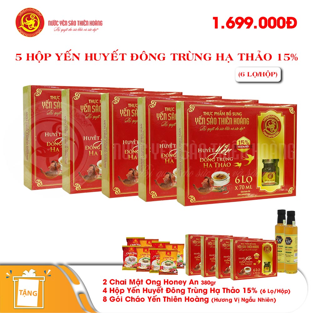 5 Hộp yến huyết đông trùng hạ thảo 15% (6 lọ/hộp) - Tặng 4 hộp yến huyết đông trùng hạ thảo 15% (6 lọ/hộp) + 2 chai mật ong Honey An 380gr + 8 gói cháo yến Thiên Hoàng (hương vị ngẫu nhiên) 5 Hộp yến huyết đông trùng hạ thảo 15% (6 lọ/hộp) - Tặng 4 hộp yến huyết đông trùng hạ thảo 15% (6 lọ/hộp) + 2 chai mật ong Honey An 380gr + 8 gói cháo yến Thiên Hoàng (hương vị ngẫu nhiên)