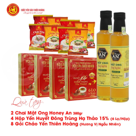 5 Hộp yến huyết đông trùng hạ thảo 15% (6 lọ/hộp) - Tặng 4 hộp yến huyết đông trùng hạ thảo 15% (6 lọ/hộp) + 2 chai mật ong Honey An 380gr + 8 gói cháo yến Thiên Hoàng (hương vị ngẫu nhiên) 5 Hộp yến huyết đông trùng hạ thảo 15% (6 lọ/hộp) - Tặng 4 hộp yến huyết đông trùng hạ thảo 15% (6 lọ/hộp) + 2 chai mật ong Honey An 380gr + 8 gói cháo yến Thiên Hoàng (hương vị ngẫu nhiên)