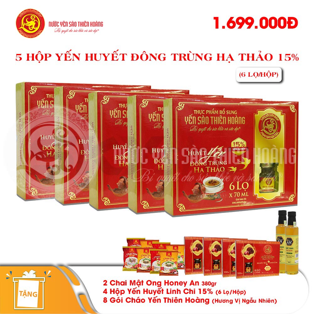 5 Hộp yến huyết đông trùng hạ thảo 15% (6 lọ/hộp) - Tặng 4 hộp yến huyết linh chi 15% (6 lọ/hộp) + 2 chai mật ong Honey An 380gr + 8 gói cháo yến Thiên Hoàng (hương vị ngẫu nhiên) 5 Hộp yến huyết đông trùng hạ thảo 15% (6 lọ/hộp) - Tặng 4 hộp yến huyết linh chi 15% (6 lọ/hộp) + 2 chai mật ong Honey An 380gr + 8 gói cháo yến Thiên Hoàng (hương vị ngẫu nhiên)