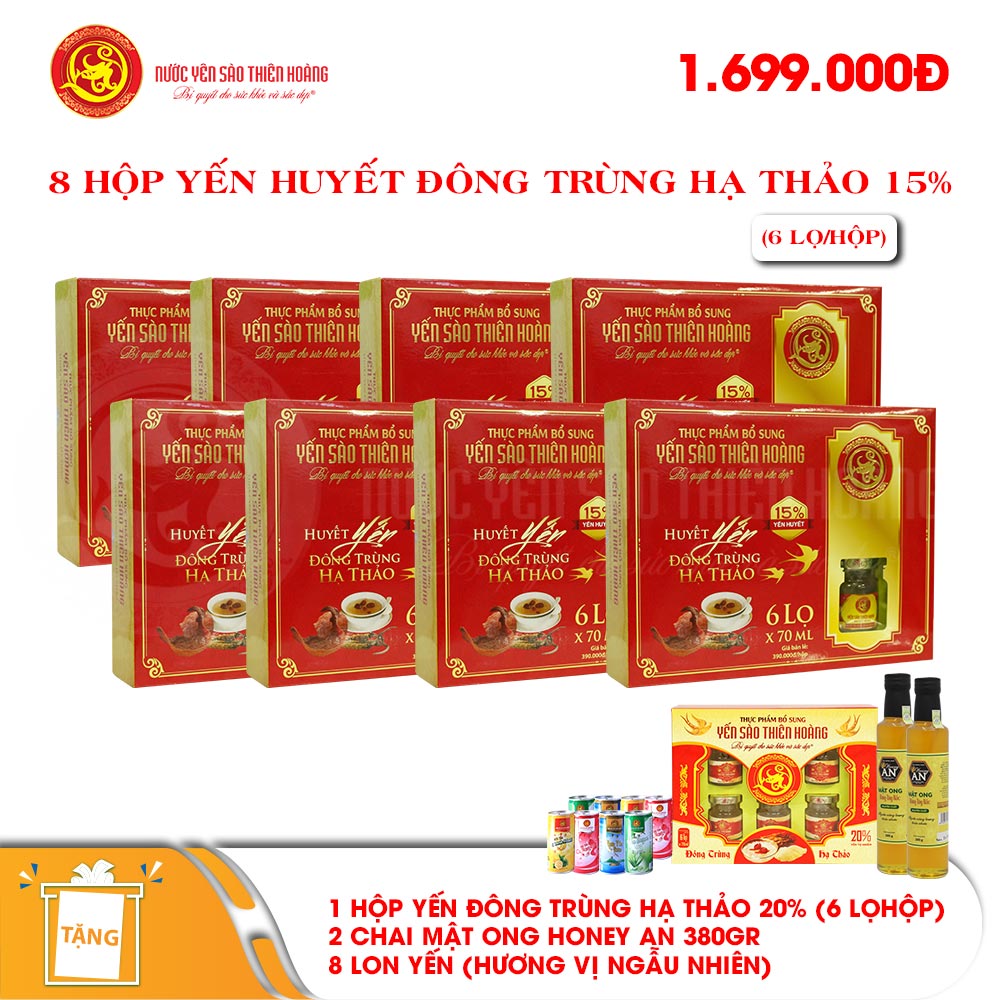 8 Hộp yến huyết đông trùng hạ thảo 15% (6 lọ/hộp) - Tặng 1 hộp yến đông trùng hạ thảo 20% (6 lọ/hộp) + 2 chai mật ong Honey An 380gr + 8 lon yến (hương vị ngẫu nhiên) 8 Hộp yến huyết đông trùng hạ thảo 15% (6 lọ/hộp) - Tặng 1 hộp yến đông trùng hạ thảo 20% (6 lọ/hộp) + 2 chai mật ong Honey An 380gr + 8 lon yến (hương vị ngẫu nhiên)