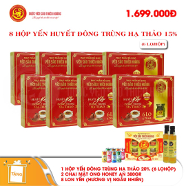 8 Hộp yến huyết đông trùng hạ thảo 15% (6 lọ/hộp) - Tặng 1 hộp yến đông trùng hạ thảo 20% (6 lọ/hộp) + 2 chai mật ong Honey An 380gr + 8 lon yến (hương vị ngẫu nhiên)