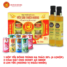 8 Hộp yến huyết đông trùng hạ thảo 15% (6 lọ/hộp) - Tặng 1 hộp yến đông trùng hạ thảo 20% (6 lọ/hộp) + 2 chai mật ong Honey An 380gr + 8 lon yến (hương vị ngẫu nhiên) 8 Hộp yến huyết đông trùng hạ thảo 15% (6 lọ/hộp) - Tặng 1 hộp yến đông trùng hạ thảo 20% (6 lọ/hộp) + 2 chai mật ong Honey An 380gr + 8 lon yến (hương vị ngẫu nhiên)