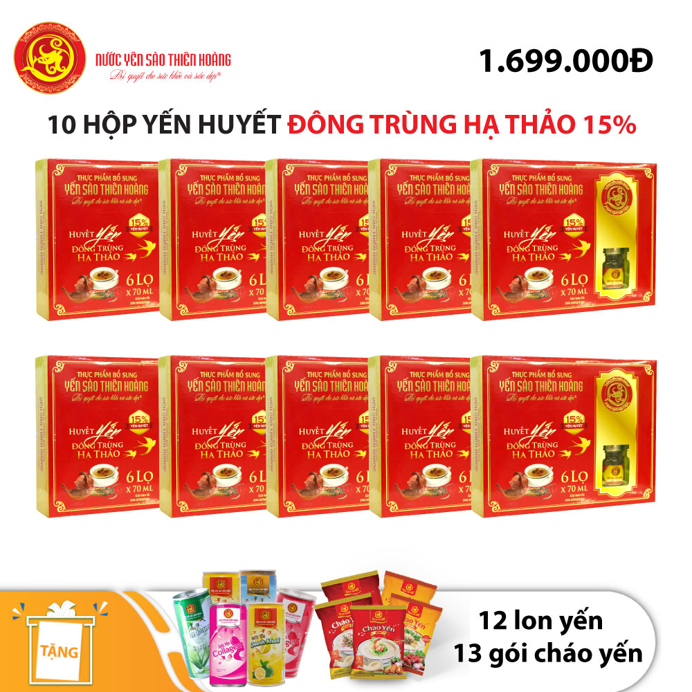 10 hộp yến sào Thiên Hoàng 15% huyết yến đông trùng hạ thảo (6 lọ/hộp) - Tặng 12 lon yến + 13 gói cháo yến Thiên Hoàng 10 hộp yến sào Thiên Hoàng 15% huyết yến đông trùng hạ thảo (6 lọ/hộp) - Tặng 12 lon yến + 13 gói cháo yến Thiên Hoàng
