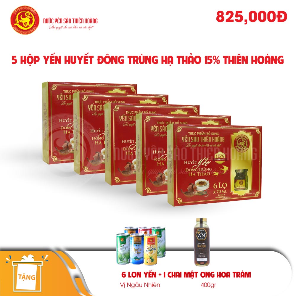 5 hộp yến sào Thiên Hoàng 15% huyết yến đông trùng hạ thảo (6 lọ/hộp) - Tặng 6 lon yến + 1 chai mật ong hoa tràm 400g 5 hộp yến sào Thiên Hoàng 15% huyết yến đông trùng hạ thảo (6 lọ/hộp) - Tặng 6 lon yến + 1 chai mật ong hoa tràm 400g