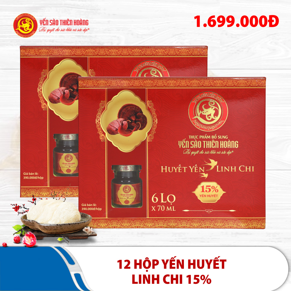 12 hộp yến sào Thiên Hoàng 15% huyết yến linh chi (6 lọ/hộp) 12 hộp yến sào Thiên Hoàng 15% huyết yến linh chi (6 lọ/hộp)