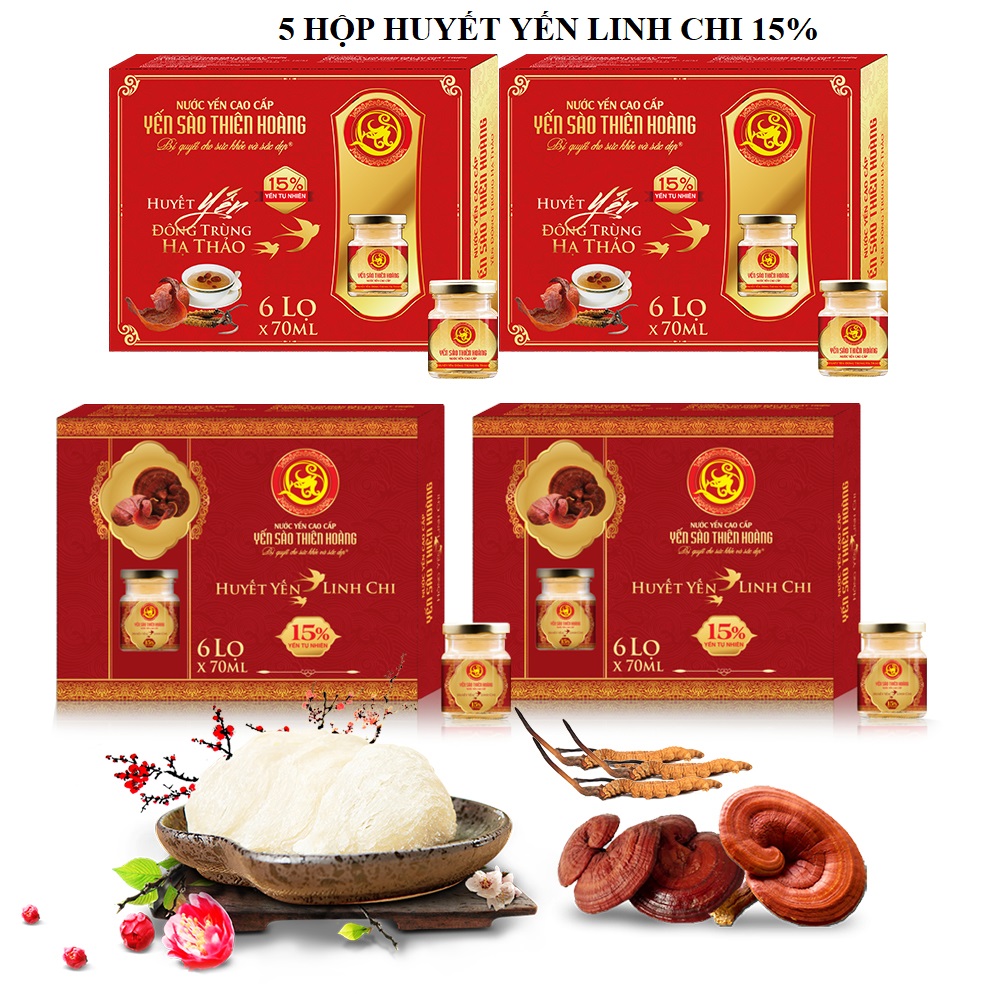 5 Hộp yến huyết linh chi 15% (6 lọ/hộp) - Tặng 4 hộp yến huyết đông trùng hạ thảo 15% (6 lọ/hộp) + 2 chai mật ong Honey An 380gr + 8 gói cháo yến Thiên Hoàng (vị ngẫu nhiên) 5 Hộp yến huyết linh chi 15% (6 lọ/hộp) - Tặng 4 hộp yến huyết đông trùng hạ thảo 15% (6 lọ/hộp) + 2 chai mật ong Honey An 380gr + 8 gói cháo yến Thiên Hoàng (vị ngẫu nhiên)