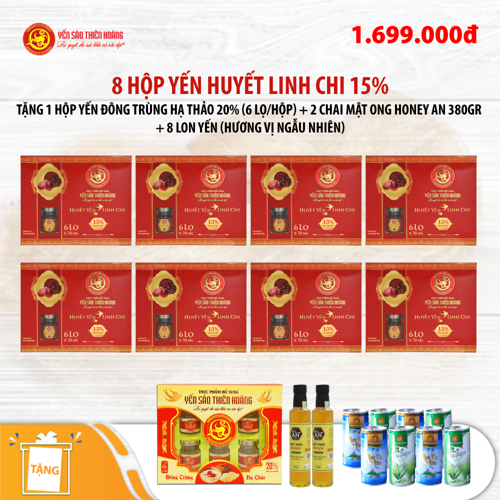 8 Hộp yến huyết linh chi 15% (6 lọ/hộp) - Tặng 1 hộp yến đông trùng hạ thảo 20% (6 lọ/hộp) + 2 chai mật ong Honey An 380gr + 8 lon yến (hương vị ngẫu nhiên) 8 Hộp yến huyết linh chi 15% (6 lọ/hộp) - Tặng 1 hộp yến đông trùng hạ thảo 20% (6 lọ/hộp) + 2 chai mật ong Honey An 380gr + 8 lon yến (hương vị ngẫu nhiên)