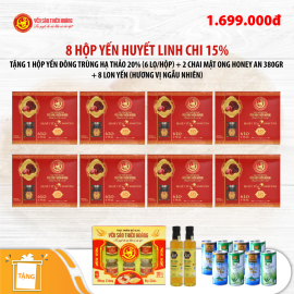 8 Hộp yến huyết linh chi 15% (6 lọ/hộp) - Tặng 1 hộp yến đông trùng hạ thảo 20% (6 lọ/hộp) + 2 chai mật ong Honey An 380gr + 8 lon yến (hương vị ngẫu nhiên) 8 Hộp yến huyết linh chi 15% (6 lọ/hộp) - Tặng 1 hộp yến đông trùng hạ thảo 20% (6 lọ/hộp) + 2 chai mật ong Honey An 380gr + 8 lon yến (hương vị ngẫu nhiên)