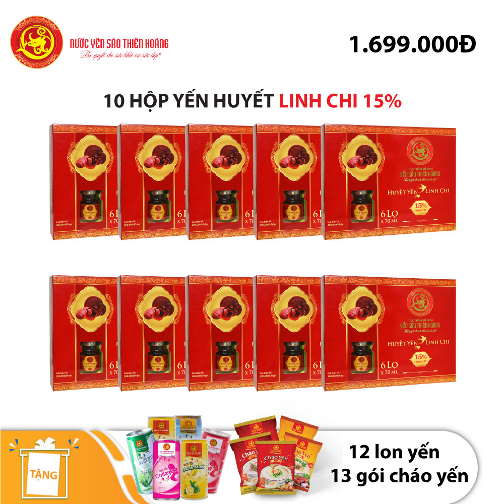 10 hộp yến sào Thiên Hoàng 15% huyết yến linh chi (6 lọ/hộp) - Tặng 12 Lon Yến + 13 Gói Cháo Yến Thiên Hoàng 10 hộp yến sào Thiên Hoàng 15% huyết yến linh chi (6 lọ/hộp) - Tặng 12 Lon Yến + 13 Gói Cháo Yến Thiên Hoàng