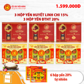 3 hộp yến sào Thiên Hoàng 15% huyết yến linh chi (6 lọ/hộp) + 3 hộp yến Đông Trùng Hạ Thảo 20% - Tặng 6 hộp yến 20% tự nhiên