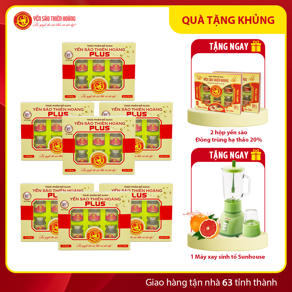 7 Hộp yến sào Thiên Hoàng 18% (6 lọ/hộp) - Tặng 2 hộp yến đông trùng hạ thảo 20% + 1 máy xay sinh tố SUNHOUSE 1lit 7 Hộp yến sào Thiên Hoàng 18% (6 lọ/hộp) - Tặng 2 hộp yến đông trùng hạ thảo 20% + 1 máy xay sinh tố SUNHOUSE 1lit