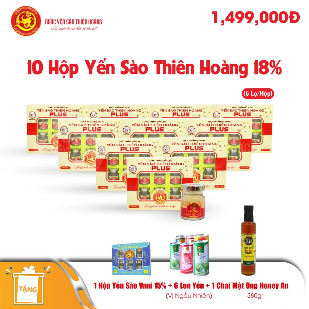 10 Hộp yến sào Thiên Hoàng 18% (6 lọ/hộp) - Tặng 1 hộp yến sào Vani 15% + 1 chai mật ong Honey An 380gr + 6 lon yến (vị ngẫu nhiên) 10 Hộp yến sào Thiên Hoàng 18% (6 lọ/hộp) - Tặng 1 hộp yến sào Vani 15% + 1 chai mật ong Honey An 380gr + 6 lon yến (vị ngẫu nhiên)