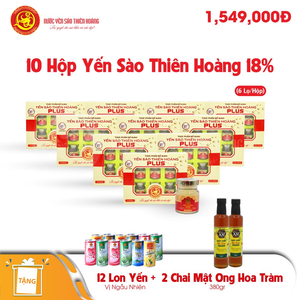 10 Hộp yến sào Thiên Hoàng 18% (6 lọ/hộp) - Tặng 2 chai mật ong hoa tràm 380gr + 12 lon yến (vị ngẫu nhiên) 10 Hộp yến sào Thiên Hoàng 18% (6 lọ/hộp) - Tặng 2 chai mật ong hoa tràm 380gr + 12 lon yến (vị ngẫu nhiên)