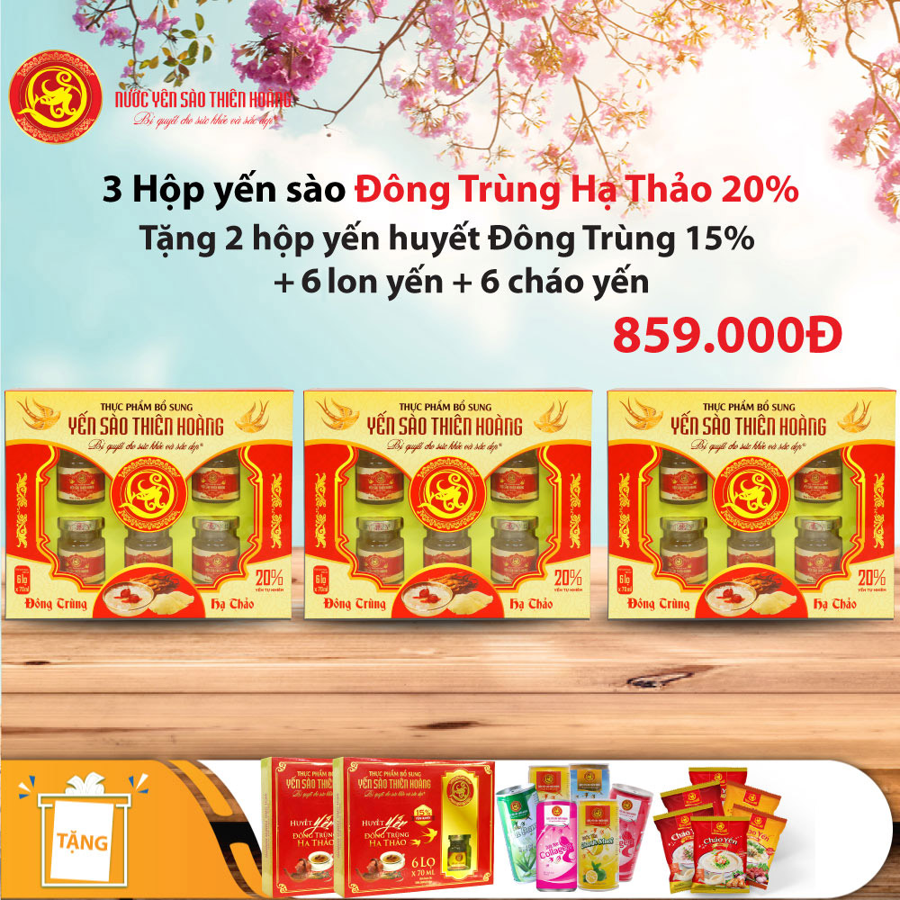 3 hộp yến sào đông trùng hạ thảo 20% - Tặng 2 hộp yến huyết đông trùng 15% + 6 lon yến + 6 gói cháo yến Thiên Hoàng (hương vị ngẫu nhiên) 3 hộp yến sào đông trùng hạ thảo 20% - Tặng 2 hộp yến huyết đông trùng 15% + 6 lon yến + 6 gói cháo yến Thiên Hoàng (hương vị ngẫu nhiên)