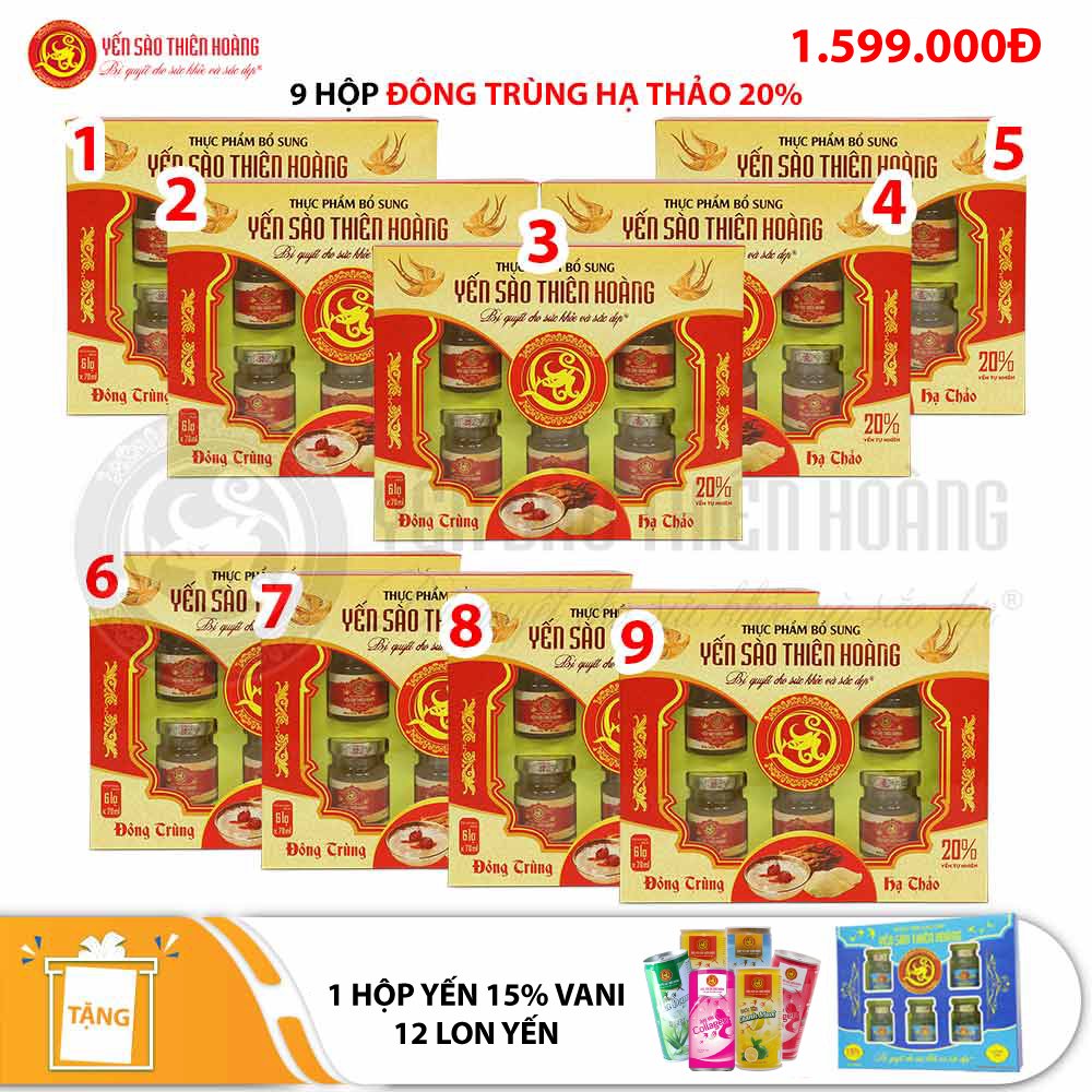 9 hộp yến sào đông trùng hạ thảo 20% - Tặng 1 hộp yến 15% vani + 12 lon yến Thiên Hoàng 9 hộp yến sào đông trùng hạ thảo 20% - Tặng 1 hộp yến 15% vani + 12 lon yến Thiên Hoàng