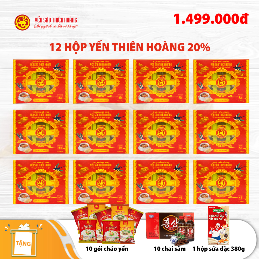 12 Hộp yến sào Thiên Hoàng 20% Hương tự nhiên (6 lọ/hộp) - Tặng 10 gói cháo yến Thiên Hoàng + 10 chai sâm Hàn Quốc + 1 hộp sữa đặc 380g