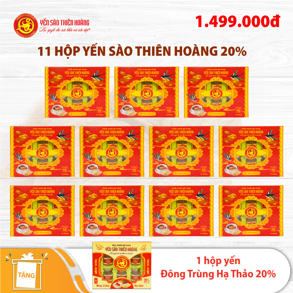 11 Hộp yến sào Thiên Hoàng 20% Hương tự nhiên (6 lọ/hộp) - Tặng 1 hộp yến sào Đông Trùng Hạ Thảo 20% 11 Hộp yến sào Thiên Hoàng 20% Hương tự nhiên (6 lọ/hộp) - Tặng 1 hộp yến sào Đông Trùng Hạ Thảo 20%