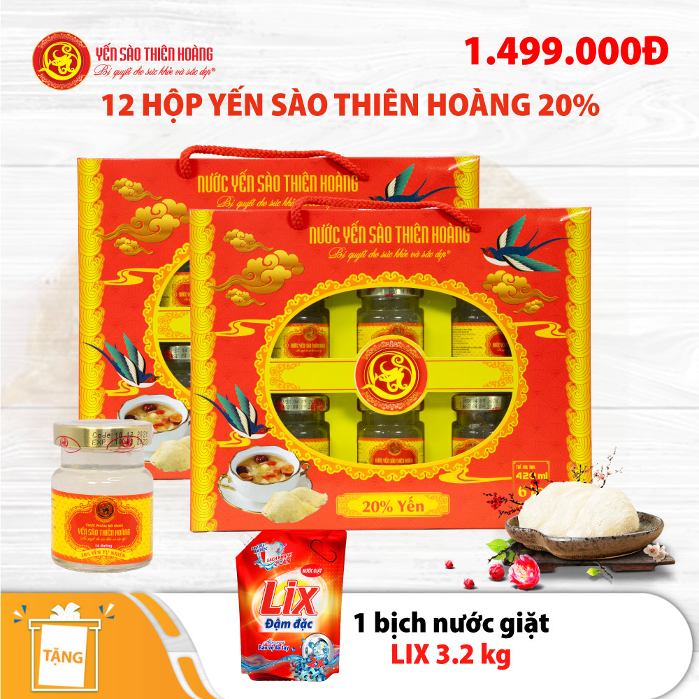 12 Hộp yến sào Thiên Hoàng 20% Hương tự nhiên (6 lọ/hộp) - Tặng 1 bịch nước giặt Lix (Giao Hồ Chí Minh) 12 Hộp yến sào Thiên Hoàng 20% Hương tự nhiên (6 lọ/hộp) - Tặng 1 bịch nước giặt Lix (Giao Hồ Chí Minh)