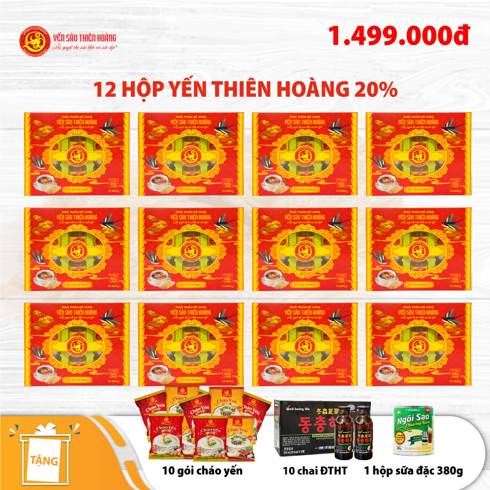 12 Hộp yến sào Thiên Hoàng 20% Hương tự nhiên (6 lọ/hộp) - Tặng 10 gói cháo yến Thiên Hoàng + 10 chai Đông Trùng Hạ Thảo Hàn Quốc + 1 hộp sữa đặc 380g 12 Hộp yến sào Thiên Hoàng 20% Hương tự nhiên (6 lọ/hộp) - Tặng 10 gói cháo yến Thiên Hoàng + 10 chai Đông Trùng Hạ Thảo Hàn Quốc + 1 hộp sữa đặc 380g