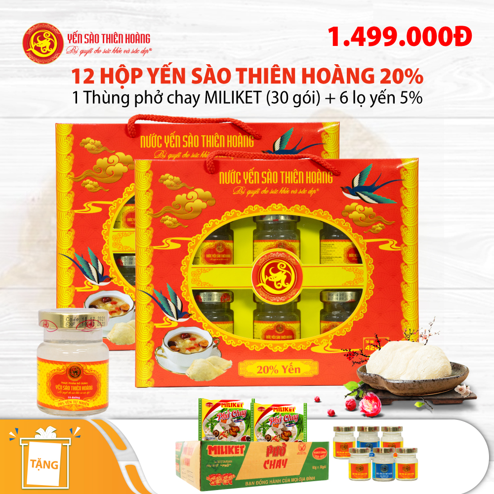 12 Hộp yến sào Thiên Hoàng 20% Hương tự nhiên (6 lọ/hộp) - Tặng 1 thùng phở chay Colusa Miliket (30 gói) + 6 lọ yến 5% 12 Hộp yến sào Thiên Hoàng 20% Hương tự nhiên (6 lọ/hộp) - Tặng 1 thùng phở chay Colusa Miliket (30 gói) + 6 lọ yến 5%