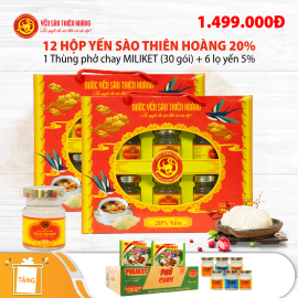 12 Hộp yến sào Thiên Hoàng 20% Hương tự nhiên (6 lọ/hộp) - Tặng 1 thùng phở chay Colusa Miliket (30 gói) + 6 lọ yến 5% 12 Hộp yến sào Thiên Hoàng 20% Hương tự nhiên (6 lọ/hộp) - Tặng 1 thùng phở chay Colusa Miliket (30 gói) + 6 lọ yến 5%