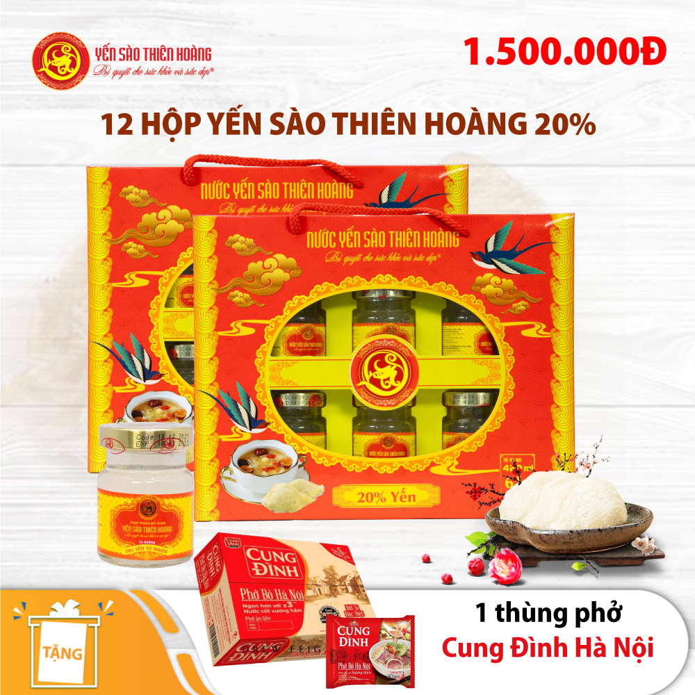 12 Hộp yến sào Thiên Hoàng 20% Hương tự nhiên (6 lọ/hộp) - Tặng 1 thùng phở bò cung đình Hà Nội 12 Hộp yến sào Thiên Hoàng 20% Hương tự nhiên (6 lọ/hộp) - Tặng 1 thùng phở bò cung đình Hà Nội