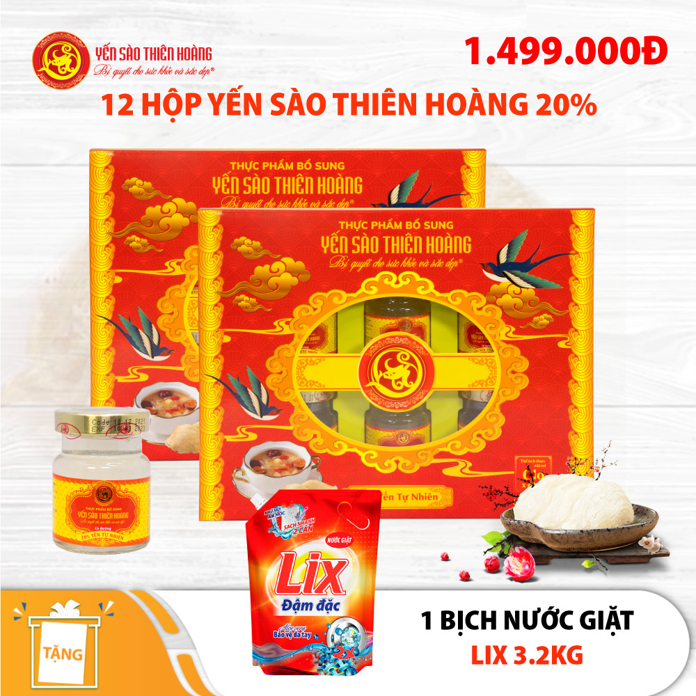12 Hộp yến sào Thiên Hoàng 20% Hương tự nhiên (6 lọ/hộp) - Tặng 1 bịch nước giặt Lix (Giao Hồ Chí Minh) 12 Hộp yến sào Thiên Hoàng 20% Hương tự nhiên (6 lọ/hộp) - Tặng 1 bịch nước giặt Lix (Giao Hồ Chí Minh)