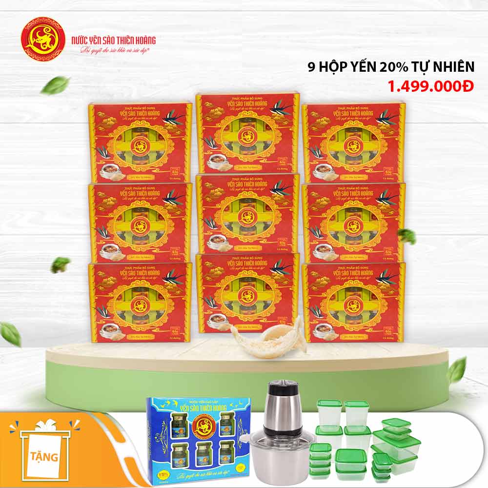 9 Hộp yến sào Thiên Hoàng 20% Hương tự nhiên (6 lọ/hộp) - Tặng 1 hộp yến sào Thiên Hoàng 15% vani + 1 máy xay thịt Smart Glass + 17 hộp bảo quản thực phẩm 9 Hộp yến sào Thiên Hoàng 20% Hương tự nhiên (6 lọ/hộp) - Tặng 1 hộp yến sào Thiên Hoàng 15% vani + 1 máy xay thịt Smart Glass + 17 hộp bảo quản thực phẩm