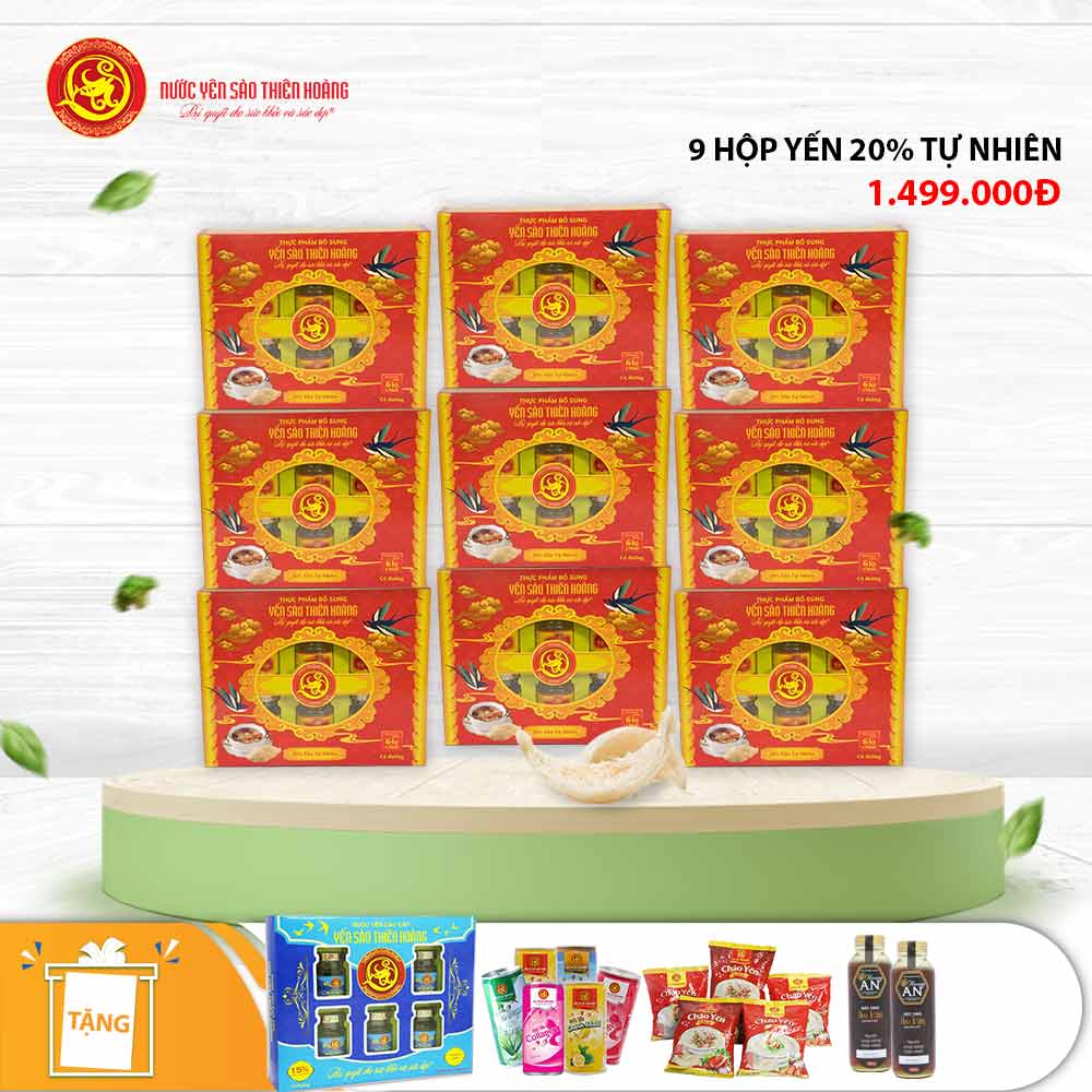 9 Hộp yến sào Thiên Hoàng 20% Hương tự nhiên (6 lọ/hộp) - Tặng 1 hộp yến sào Thiên Hoàng 15% vani + 6 lon yến + 6 gói cháo yến Thiên Hoàng + 2 chai mật ong Hoa Tràm 400gr 9 Hộp yến sào Thiên Hoàng 20% Hương tự nhiên (6 lọ/hộp) - Tặng 1 hộp yến sào Thiên Hoàng 15% vani + 6 lon yến + 6 gói cháo yến Thiên Hoàng + 2 chai mật ong Hoa Tràm 400gr