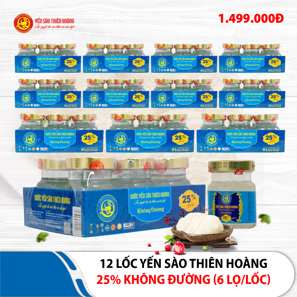 12 Lốc yến sào Thiên Hoàng 25% không đường (6 lọ/lốc) 12 Lốc yến sào Thiên Hoàng 25% không đường (6 lọ/lốc)