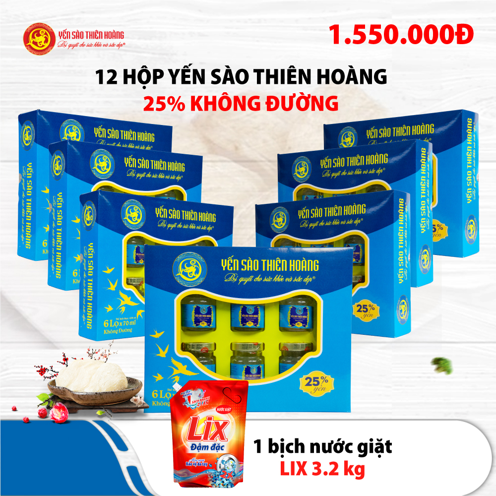 12 hộp yến sào Thiên Hoàng 25% không đường (6 lọ/hộp) - Tặng 1 bịch nước giặt Lix 3.2kg màu đỏ (Giao Hồ Chí Minh) 12 hộp yến sào Thiên Hoàng 25% không đường (6 lọ/hộp) - Tặng 1 bịch nước giặt Lix 3.2kg màu đỏ (Giao Hồ Chí Minh)