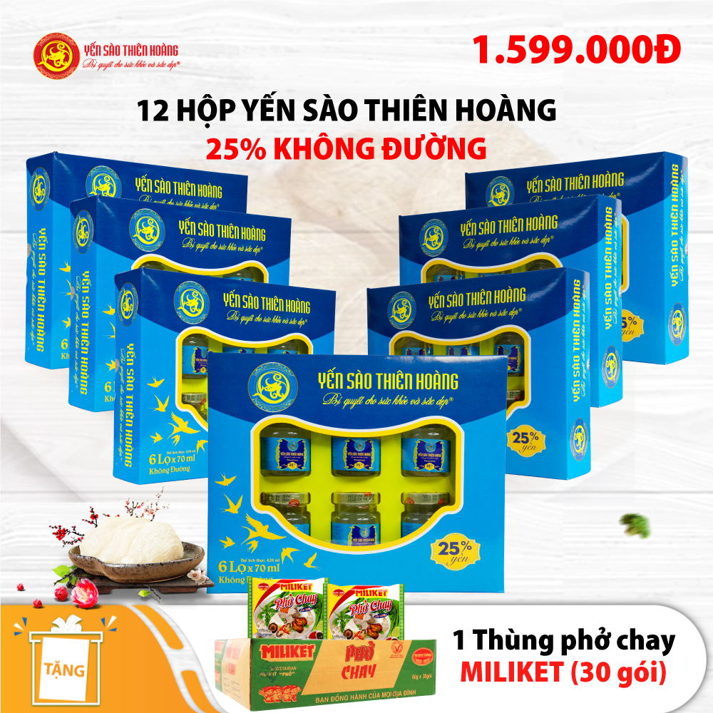 12 hộp yến sào Thiên Hoàng 25% không đường (6 lọ/hộp) - Tặng 1 thùng phở chay Colusa Miliket (30 gói)