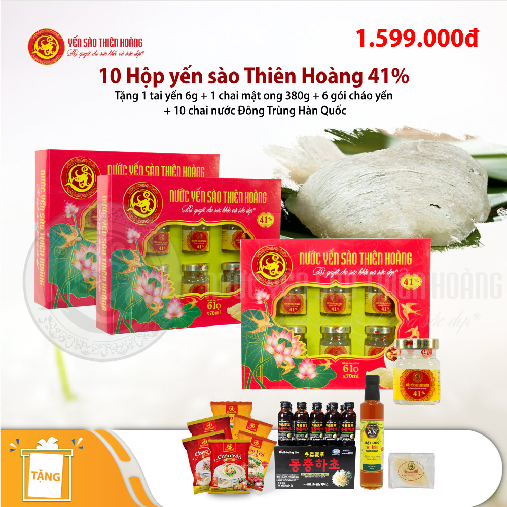 10 Hộp yến sào Thiên Hoàng 41% (6 lọ/hộp) - Tặng 1 tai yến tổ 6g + 1 chai mật ong Honey An 380g + 6 gói cháo yến Thiên Hoàng + 10 chai nước Đông Trùng Hạ Thảo Hàn Quốc 10 Hộp yến sào Thiên Hoàng 41% (6 lọ/hộp) - Tặng 1 tai yến tổ 6g + 1 chai mật ong Honey An 380g + 6 gói cháo yến Thiên Hoàng + 10 chai nước Đông Trùng Hạ Thảo Hàn Quốc
