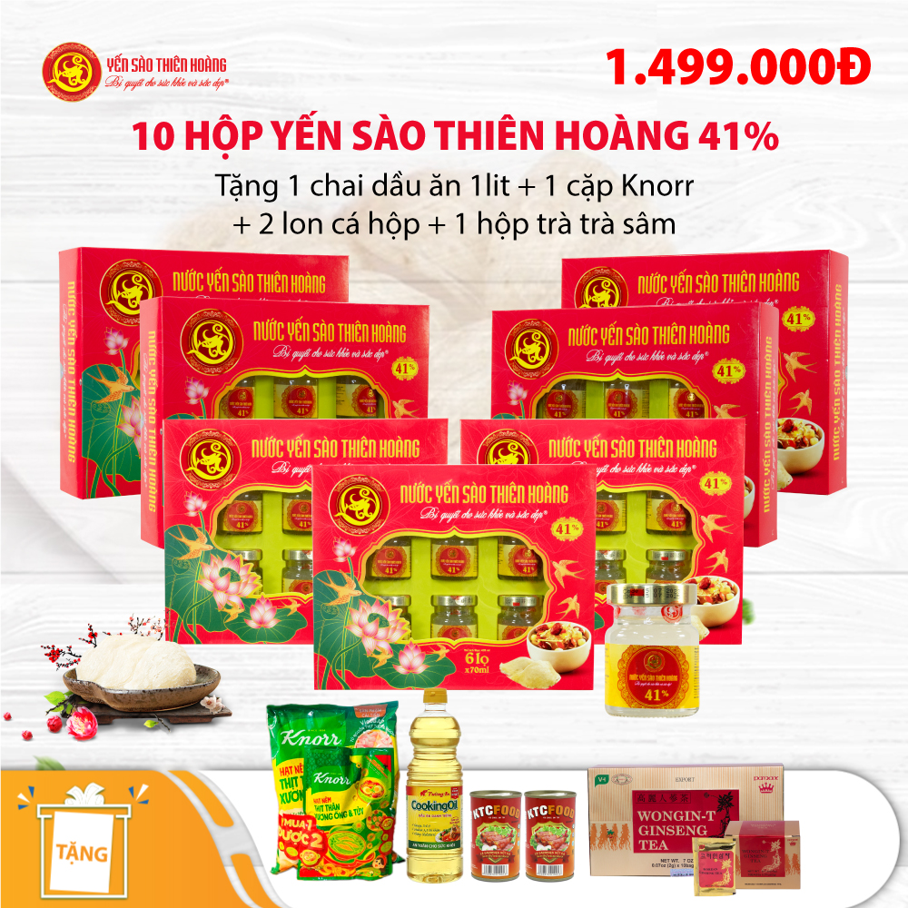 10 Hộp yến sào Thiên Hoàng 41% (6 lọ/hộp) - Tặng 1 chai dầu ăn 1lit + 1 cặp Knorr + 2 lon cá hộp + 1 hộp trà sâm 100g